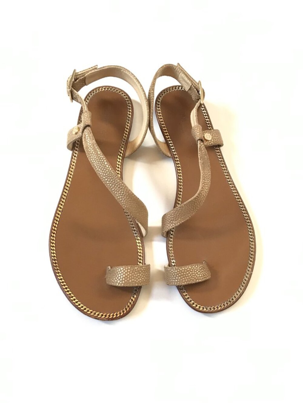 Jimmy Choo Neru Flat Sandals Womens 37 7 Brown Gold Leather Toe Loop Buckle Shoe - Picture 9 of 9